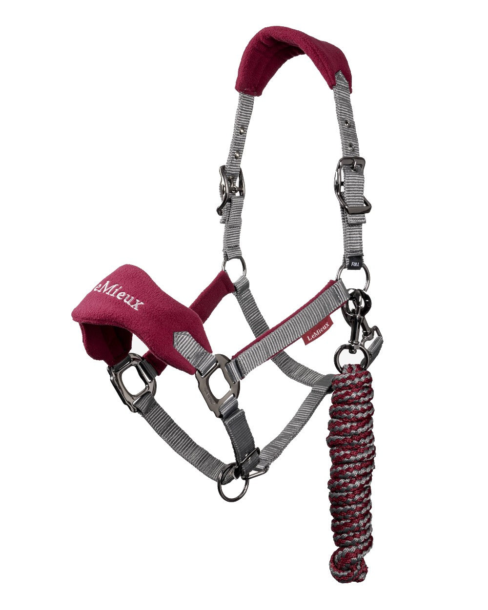 Mulberry coloured LeMieux Vogue Headcollar &amp; Leadrope on white background 