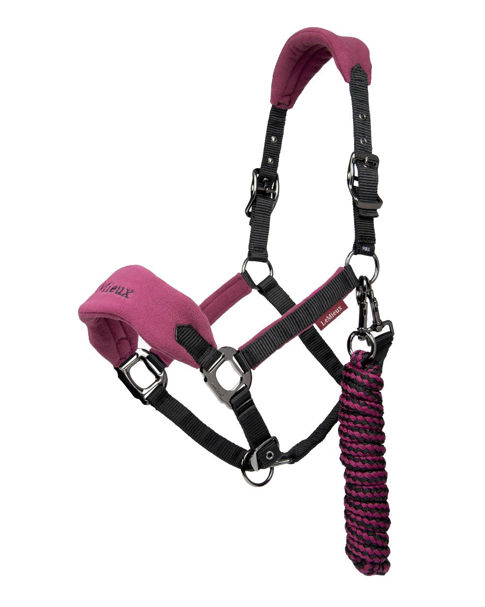 Plum coloured LeMieux Vogue Headcollar &amp; Leadrope on white background 