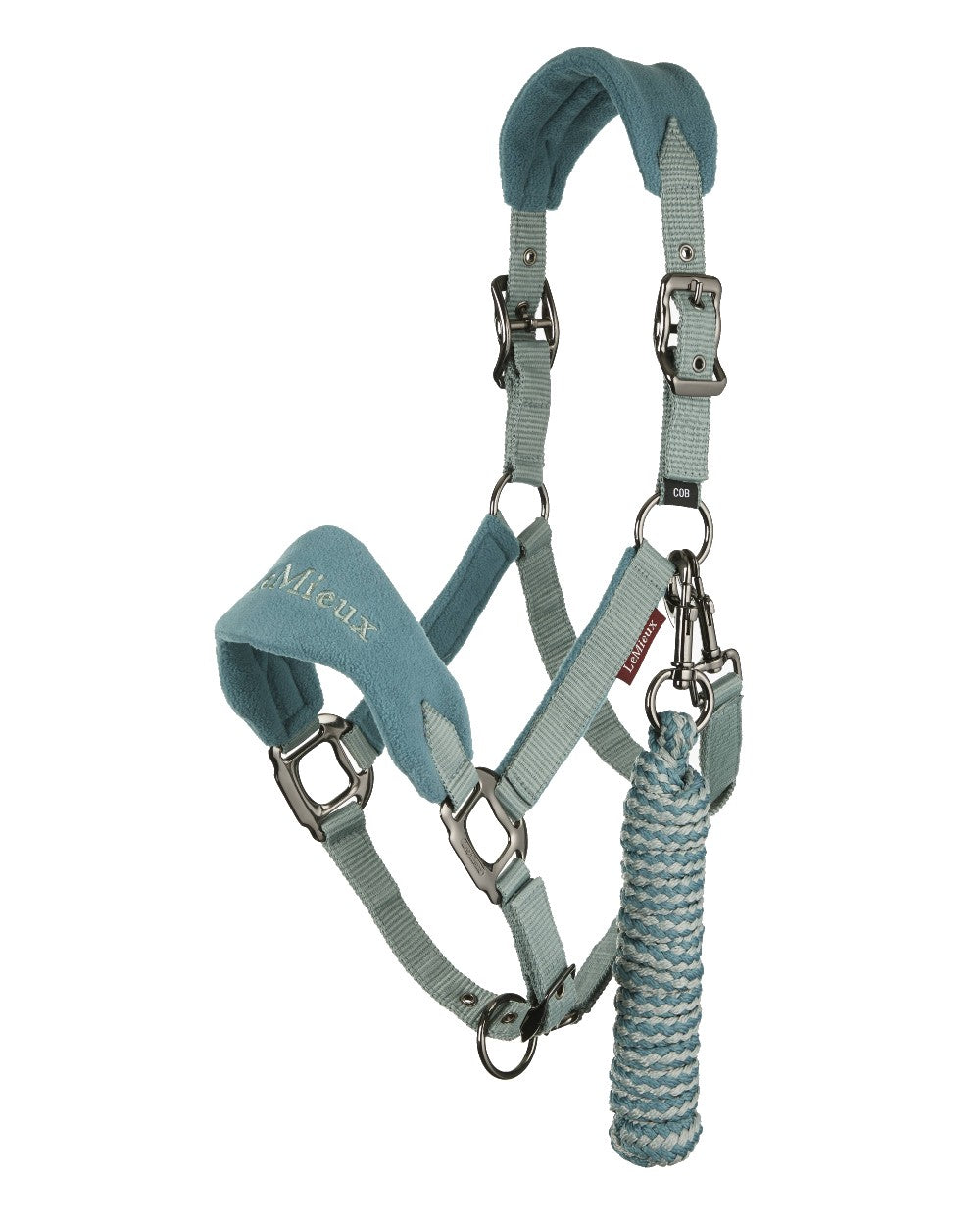 Sage coloured LeMieux Vogue Headcollar &amp; Leadrope on white background 