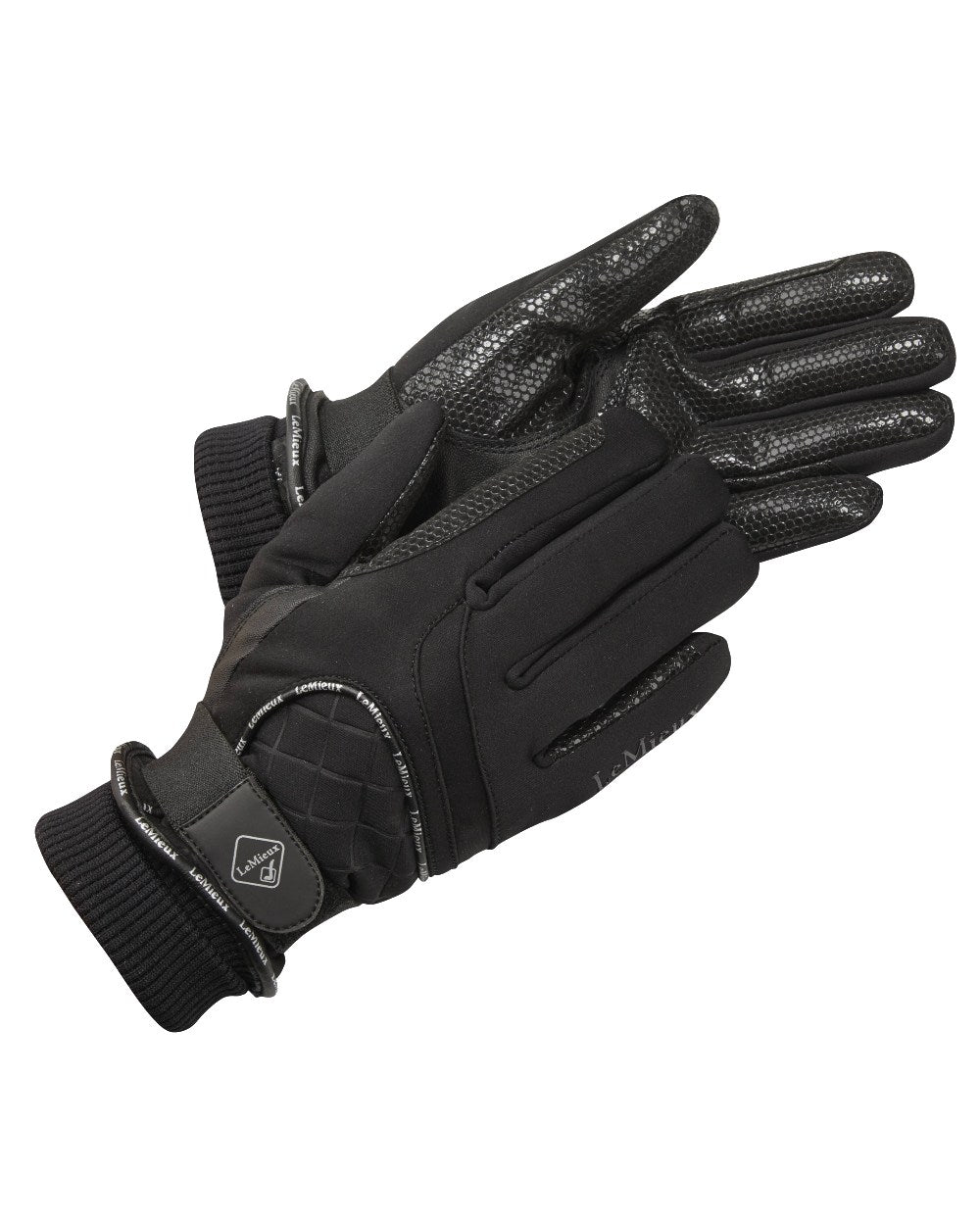 Black coloured LeMieux Waterproof Lite Gloves on white background 