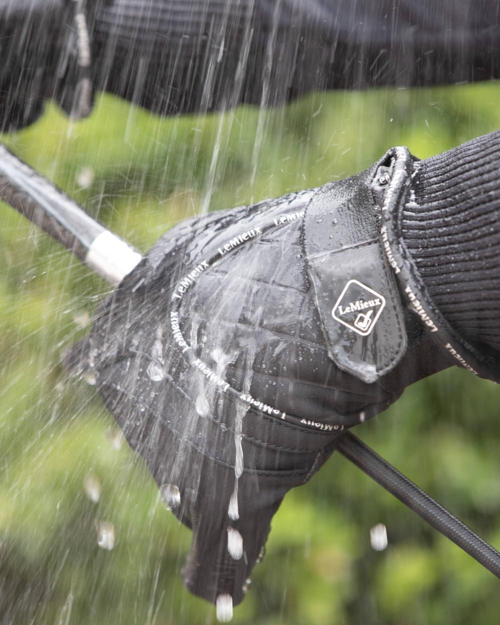 Black coloured LeMieux Waterproof Lite Gloves on field background 