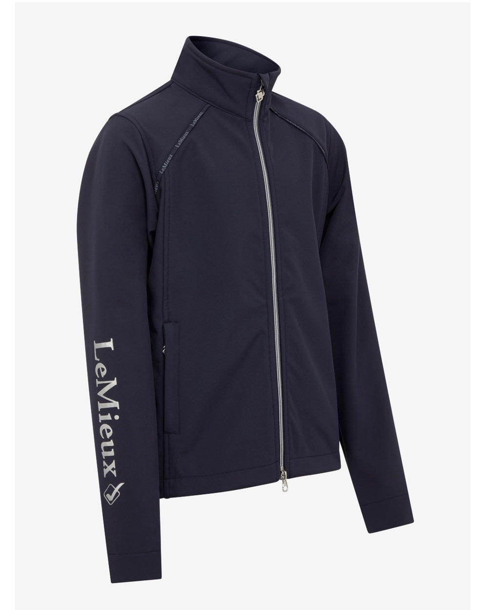 Navy coloured LeMieux Young Rider Elite Soft Shell Jacket on grey background 