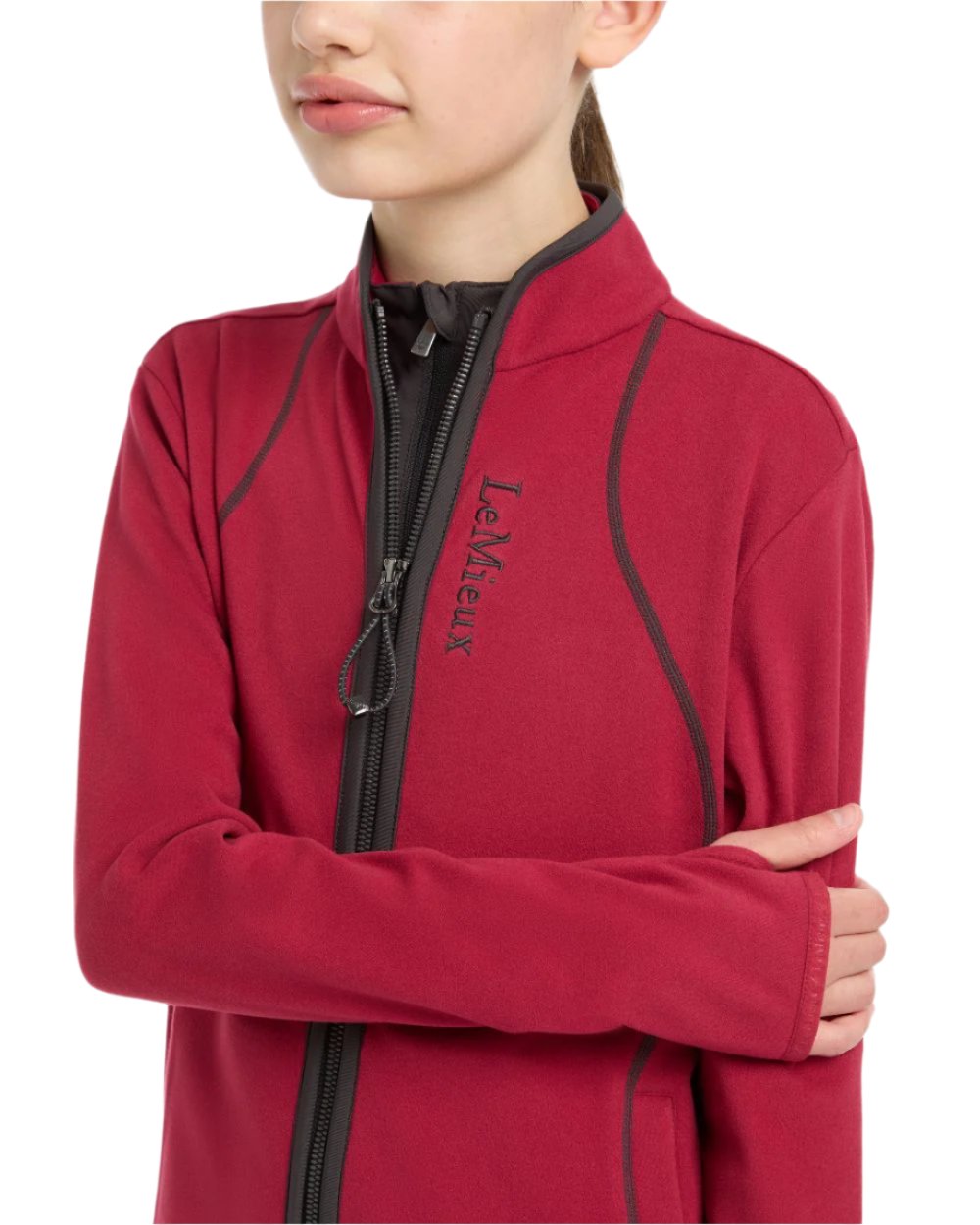 Ember Coloured LeMieux Young Rider Felicity Fleece Zip Through Jacket On A White Background 