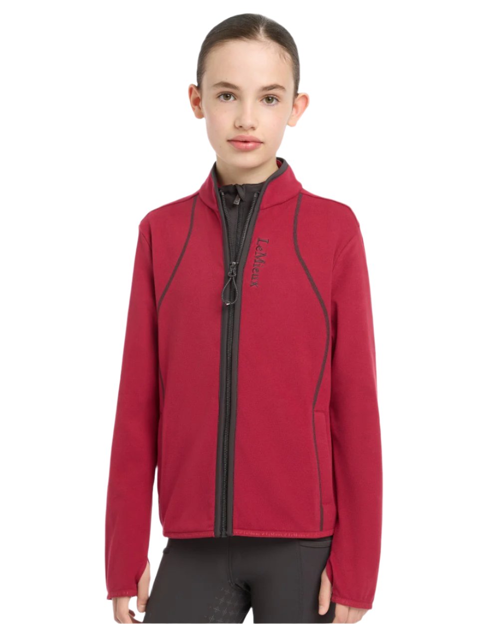 Ember Coloured LeMieux Young Rider Felicity Fleece Zip Through Jacket On A White Background 