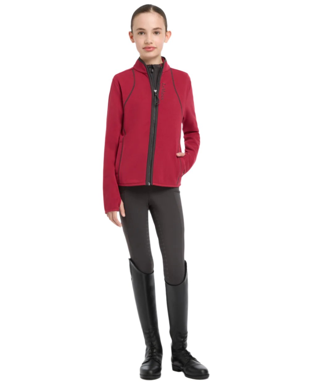 Ember Coloured LeMieux Young Rider Felicity Fleece Zip Through Jacket On A White Background 