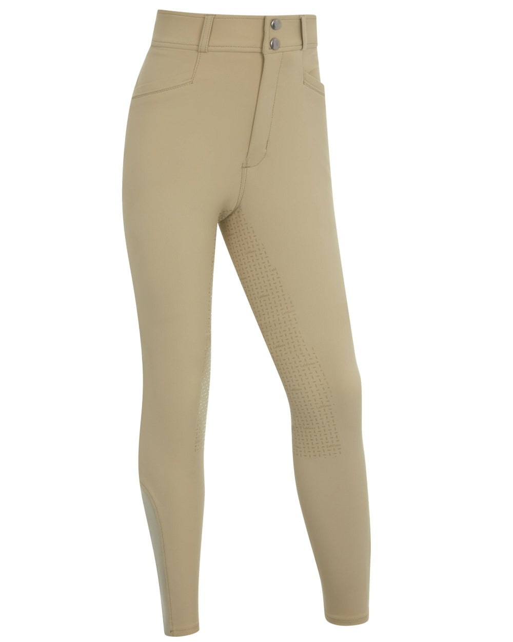 Beige coloured LeMieux Young Rider Freya Pro Breeches on white background 