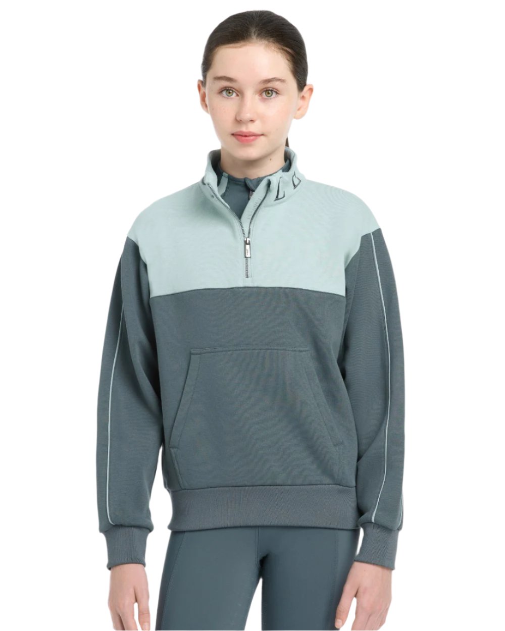 Petrol Glacier Coloured LeMieux Young Rider Kate Quarter Zip Sweater On A White Background 