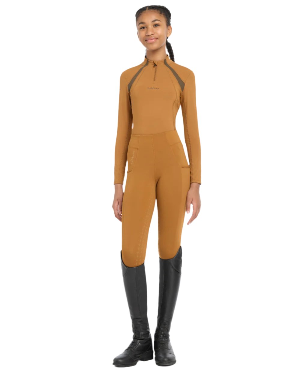 Ginger Coloured LeMieux Young Rider Mia Mesh Base Layer On A White Background 