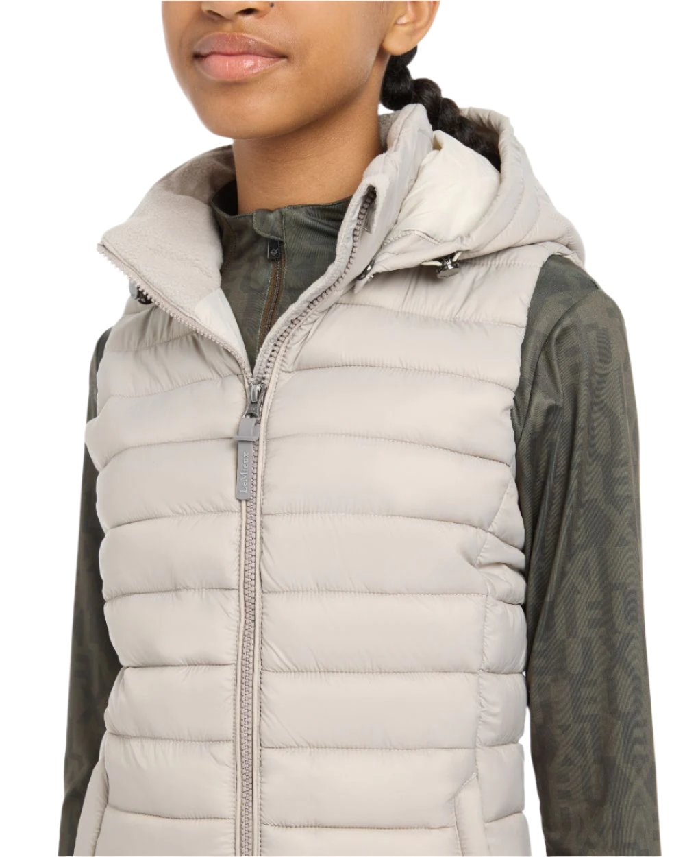 Ash Coloured LeMieux Young Rider Milly Puffer Gilet On A White Background 