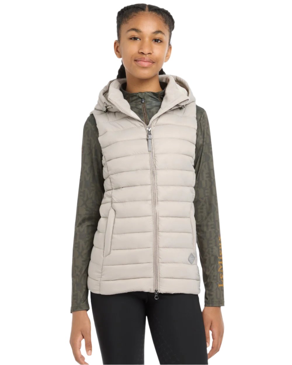 Ash Coloured LeMieux Young Rider Milly Puffer Gilet On A White Background 