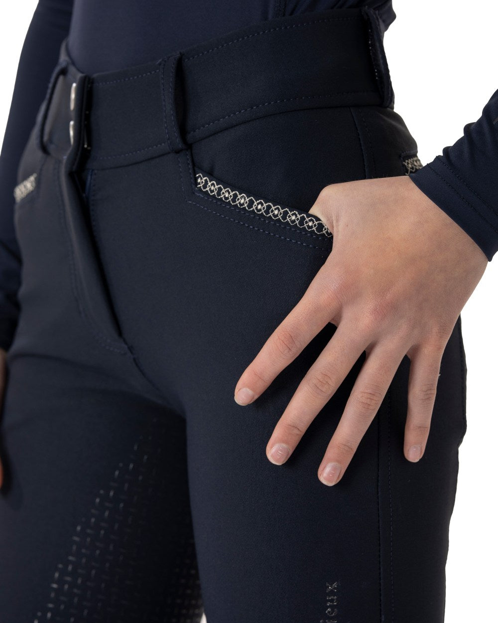 Indigo coloured LeMieux Young Rider St Tropez Breech on white background 