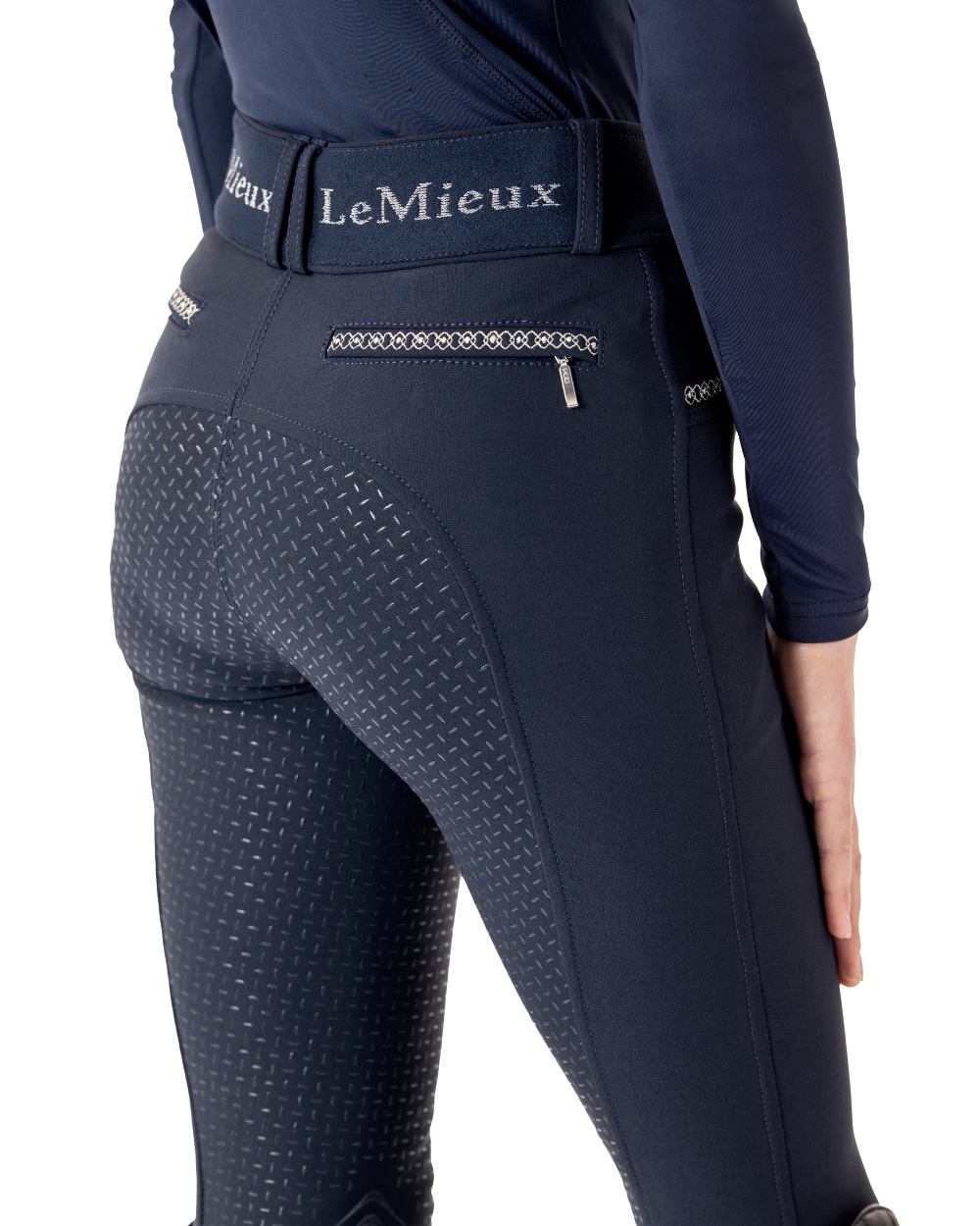 Indigo coloured LeMieux Young Rider St Tropez Breech on white background 