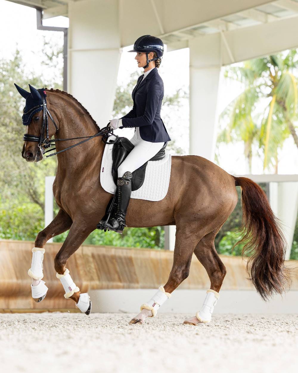 Navy coloured LeMieux Zoe Show Jacket on blurry pen background 