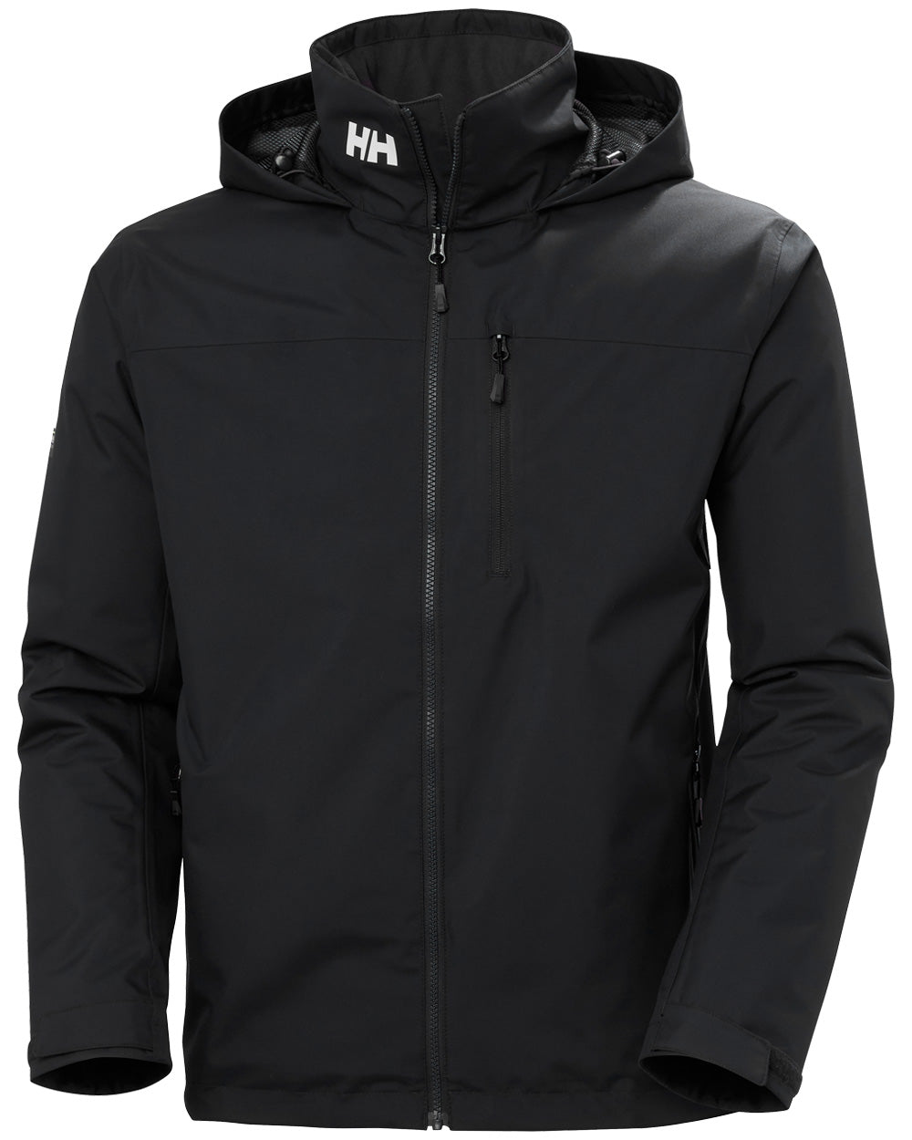 Black coloured Helly Hansen Mens Crew Hooded Midlayer Jacket on white background 