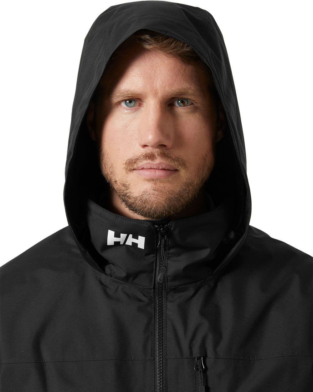 Black coloured Helly Hansen Mens Crew Hooded Midlayer Jacket on white background 