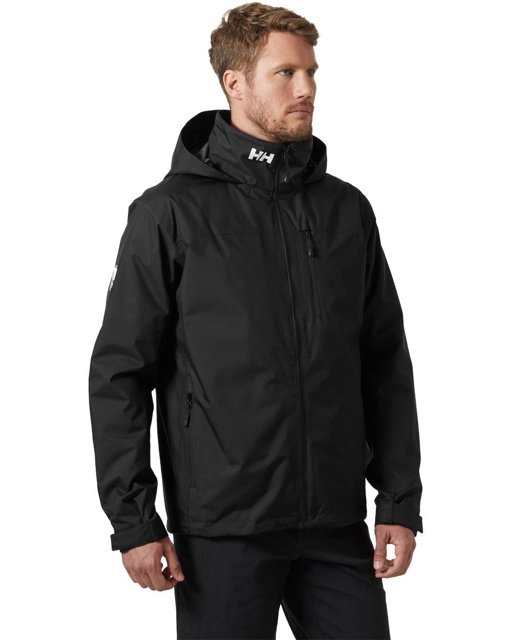 Black coloured Helly Hansen Mens Crew Hooded Midlayer Jacket on white background 