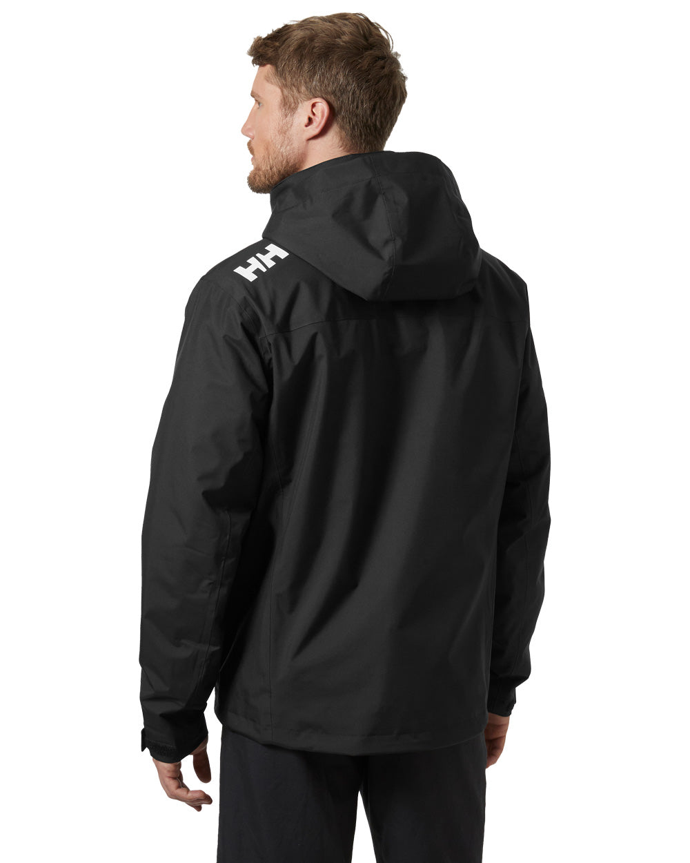 Black coloured Helly Hansen Mens Crew Hooded Midlayer Jacket on white background 