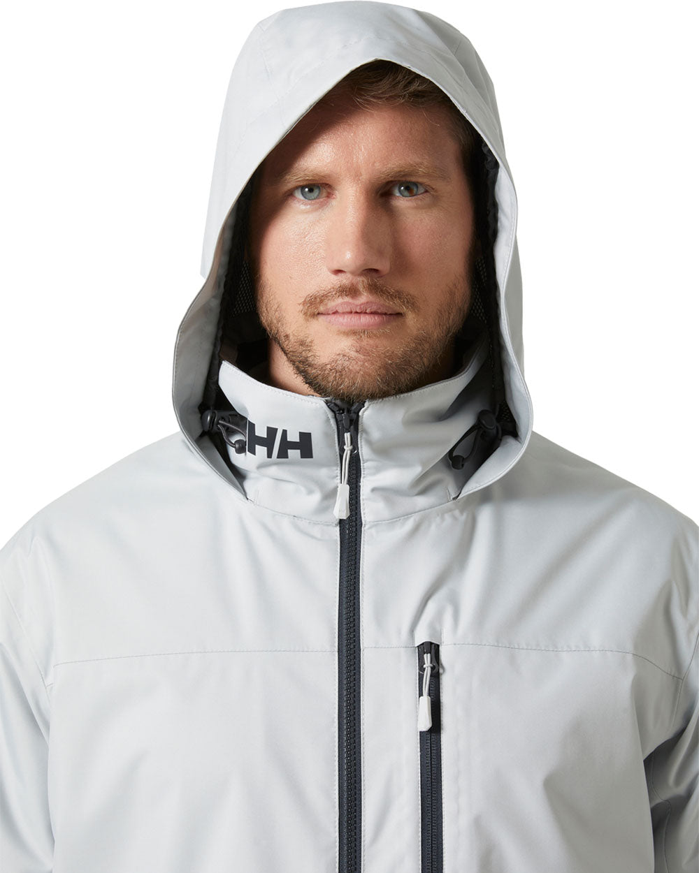 Grey Fog coloured Helly Hansen Mens Crew Hooded Midlayer Jacket on white background 