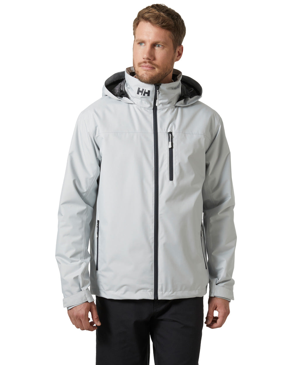 Grey Fog coloured Helly Hansen Mens Crew Hooded Midlayer Jacket on white background 