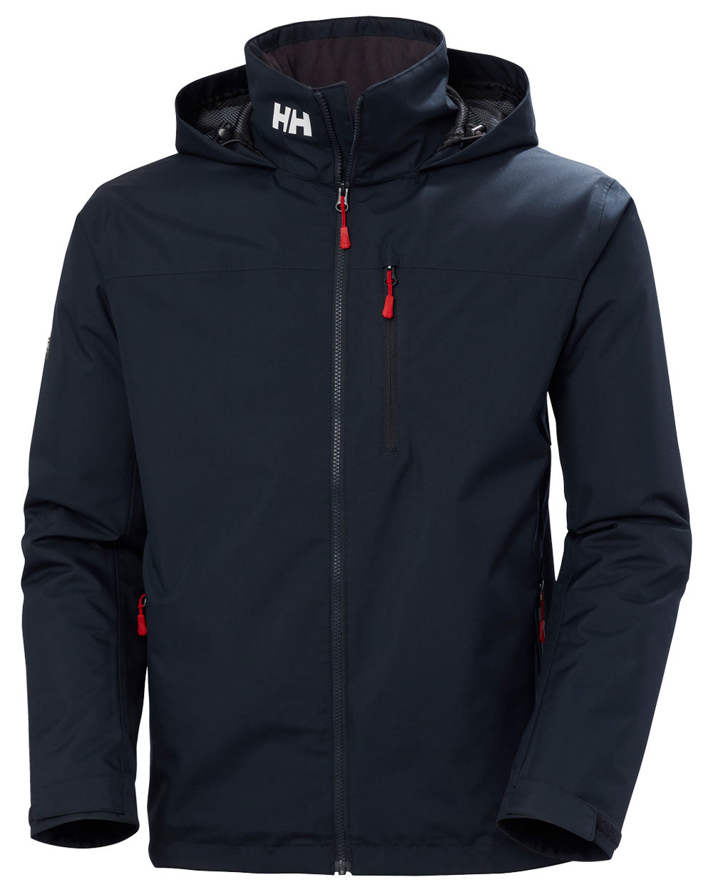 Navy coloured Helly Hansen Mens Crew Hooded Midlayer Jacket on white background 