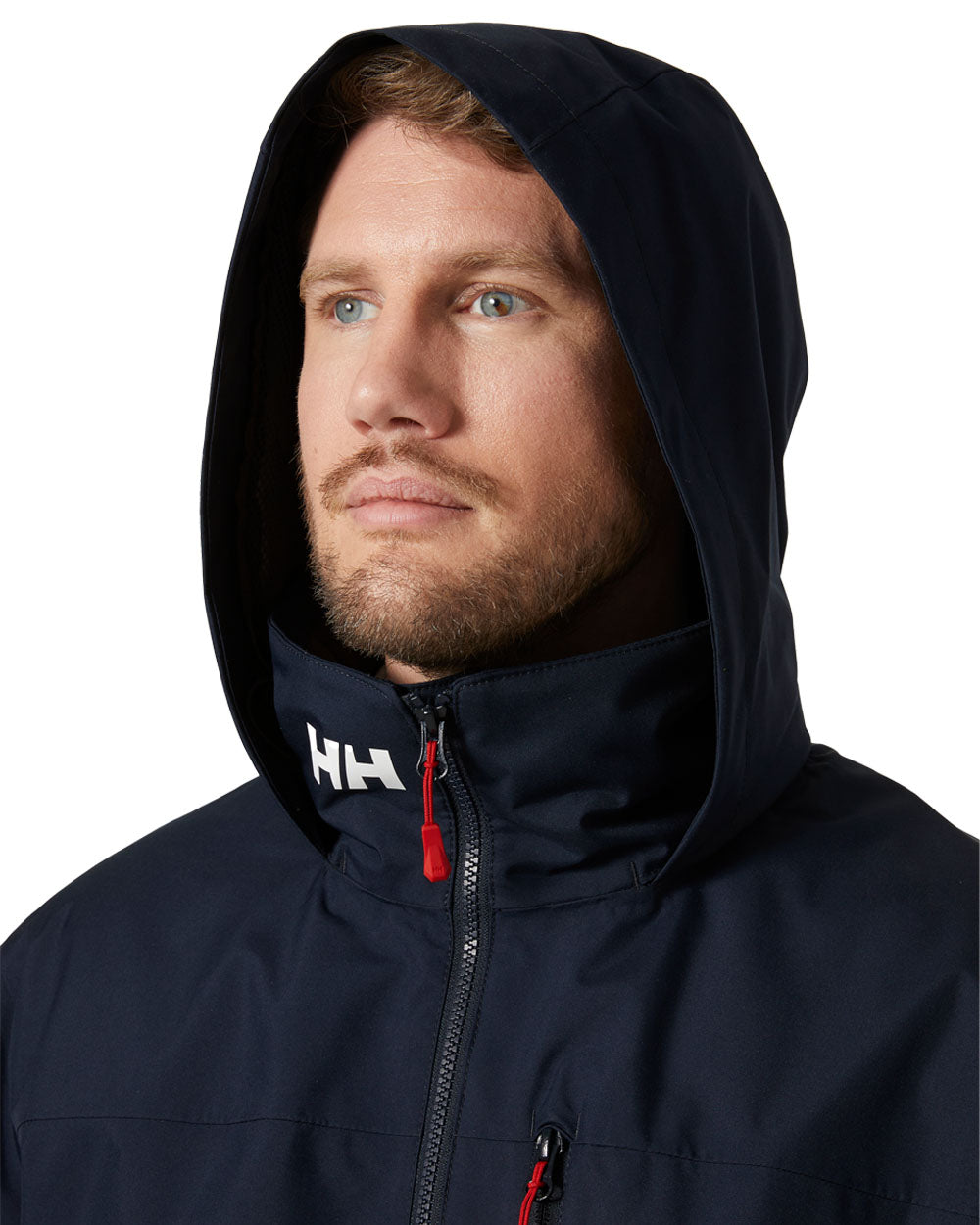 Navy coloured Helly Hansen Mens Crew Hooded Midlayer Jacket on white background 