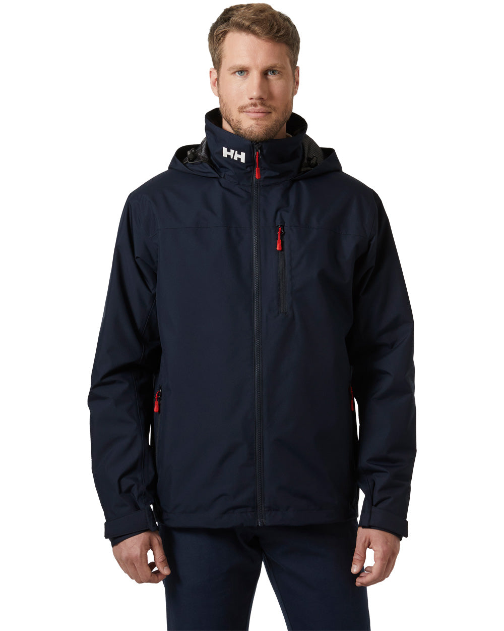 Navy coloured Helly Hansen Mens Crew Hooded Midlayer Jacket on white background 