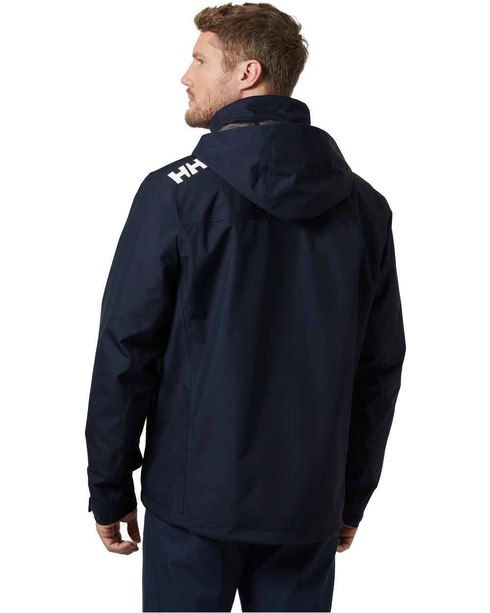 Navy coloured Helly Hansen Mens Crew Hooded Midlayer Jacket on white background 