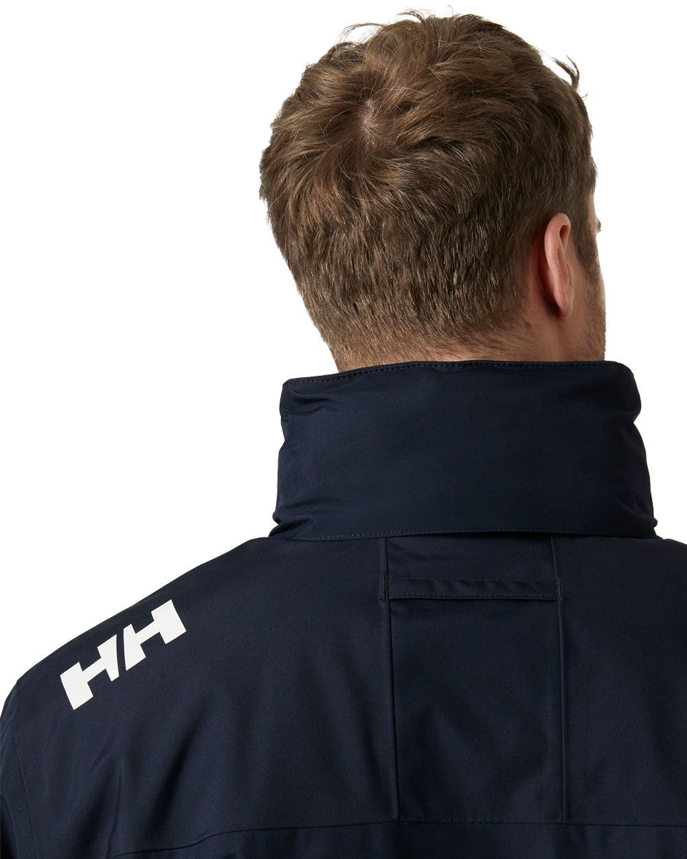 Navy coloured Helly Hansen Mens Crew Hooded Midlayer Jacket on white background 