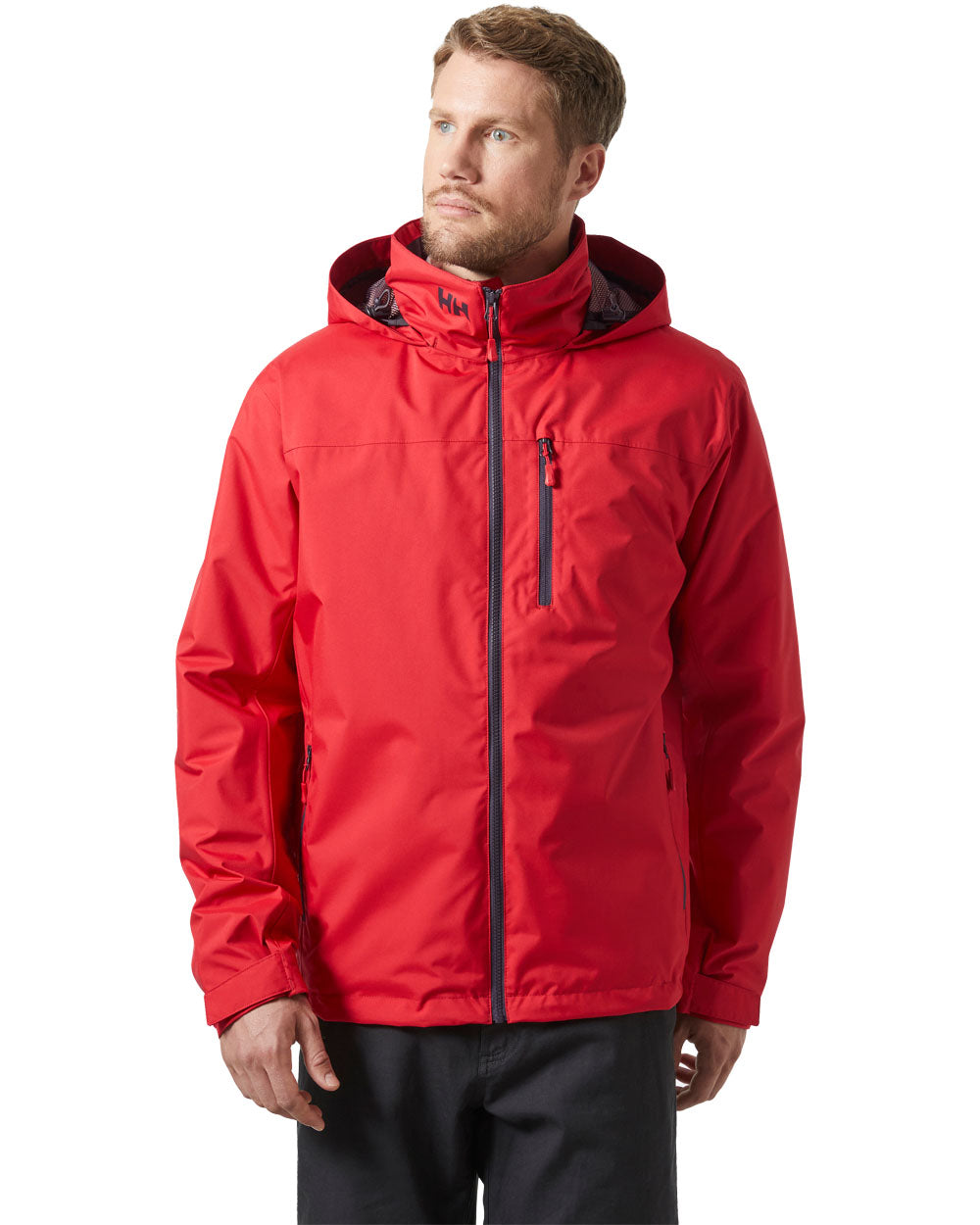 Red coloured Helly Hansen Mens Crew Hooded Midlayer Jacket on white background 