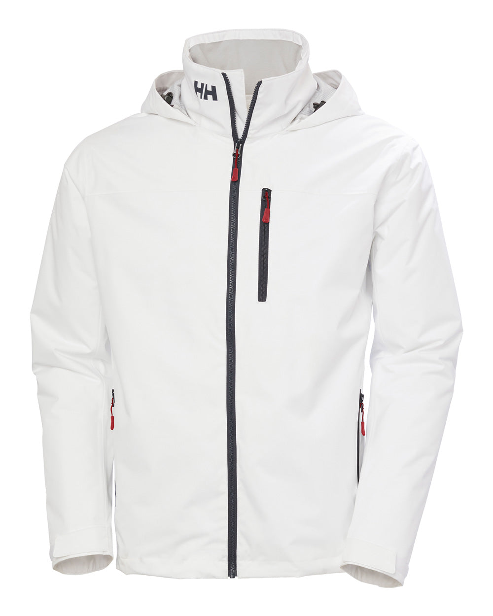 White coloured Helly Hansen Mens Crew Hooded Midlayer Jacket on white background 