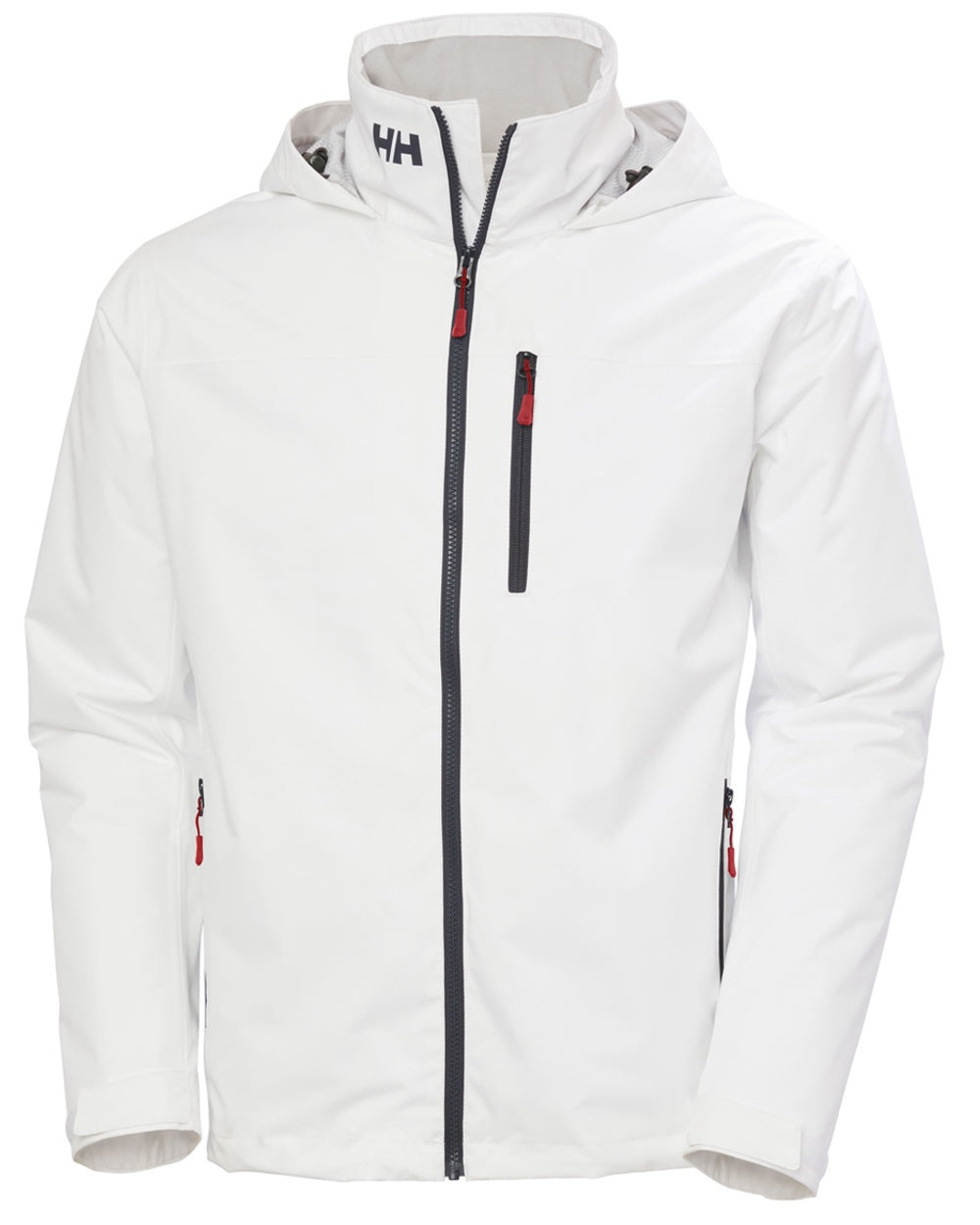 White coloured Helly Hansen Mens Crew Hooded Midlayer Jacket on white background 