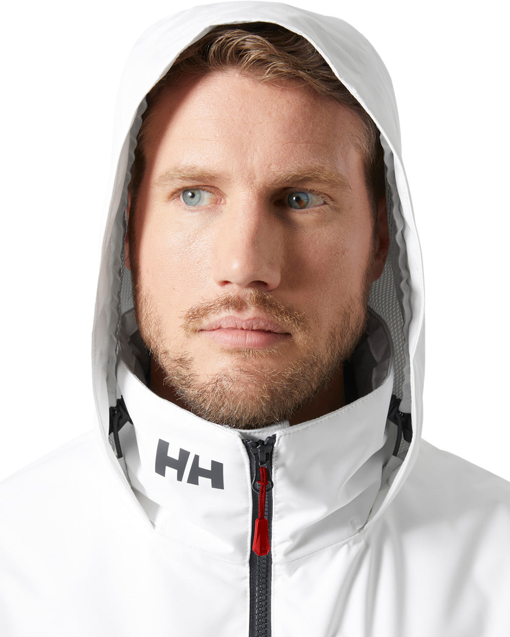 White coloured Helly Hansen Mens Crew Hooded Midlayer Jacket on white background 