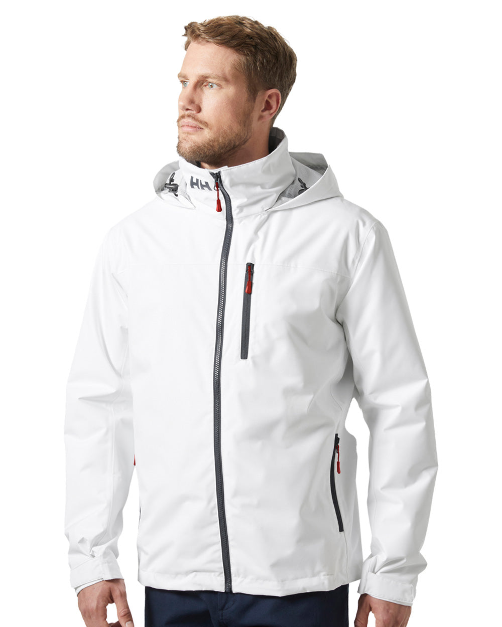 White coloured Helly Hansen Mens Crew Hooded Midlayer Jacket on white background 