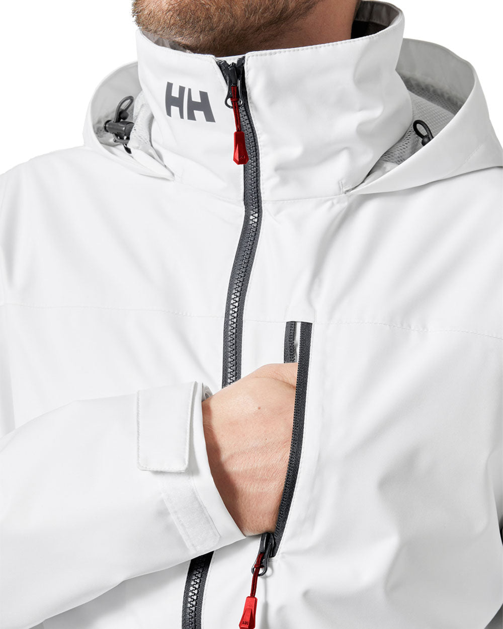 White coloured Helly Hansen Mens Crew Hooded Midlayer Jacket on white background 