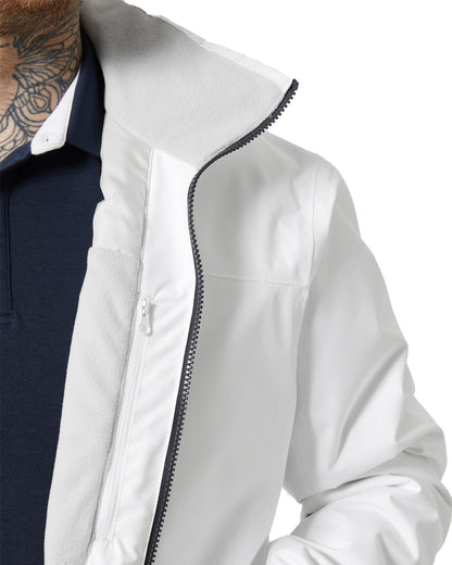 White coloured Helly Hansen Mens Crew Hooded Midlayer Jacket on white background 