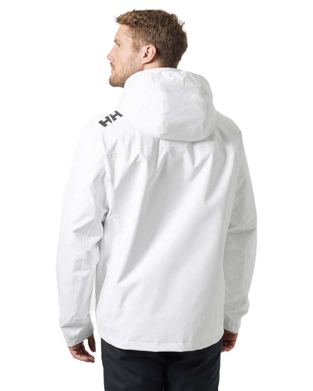 White coloured Helly Hansen Mens Crew Hooded Midlayer Jacket on white background 