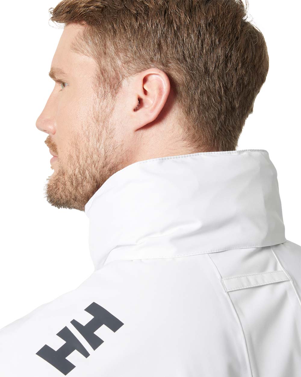 White coloured Helly Hansen Mens Crew Hooded Midlayer Jacket on white background 