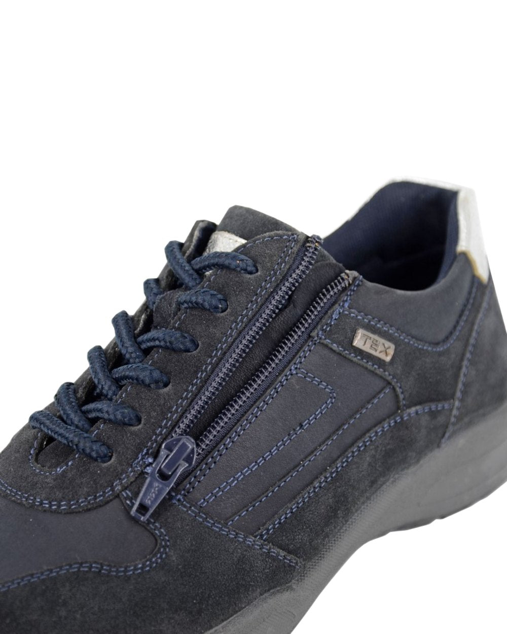 Navy Blue Coloured Mod Comfys Womens Waterproof 6 Eye Zip Trail Shoes on White Background
