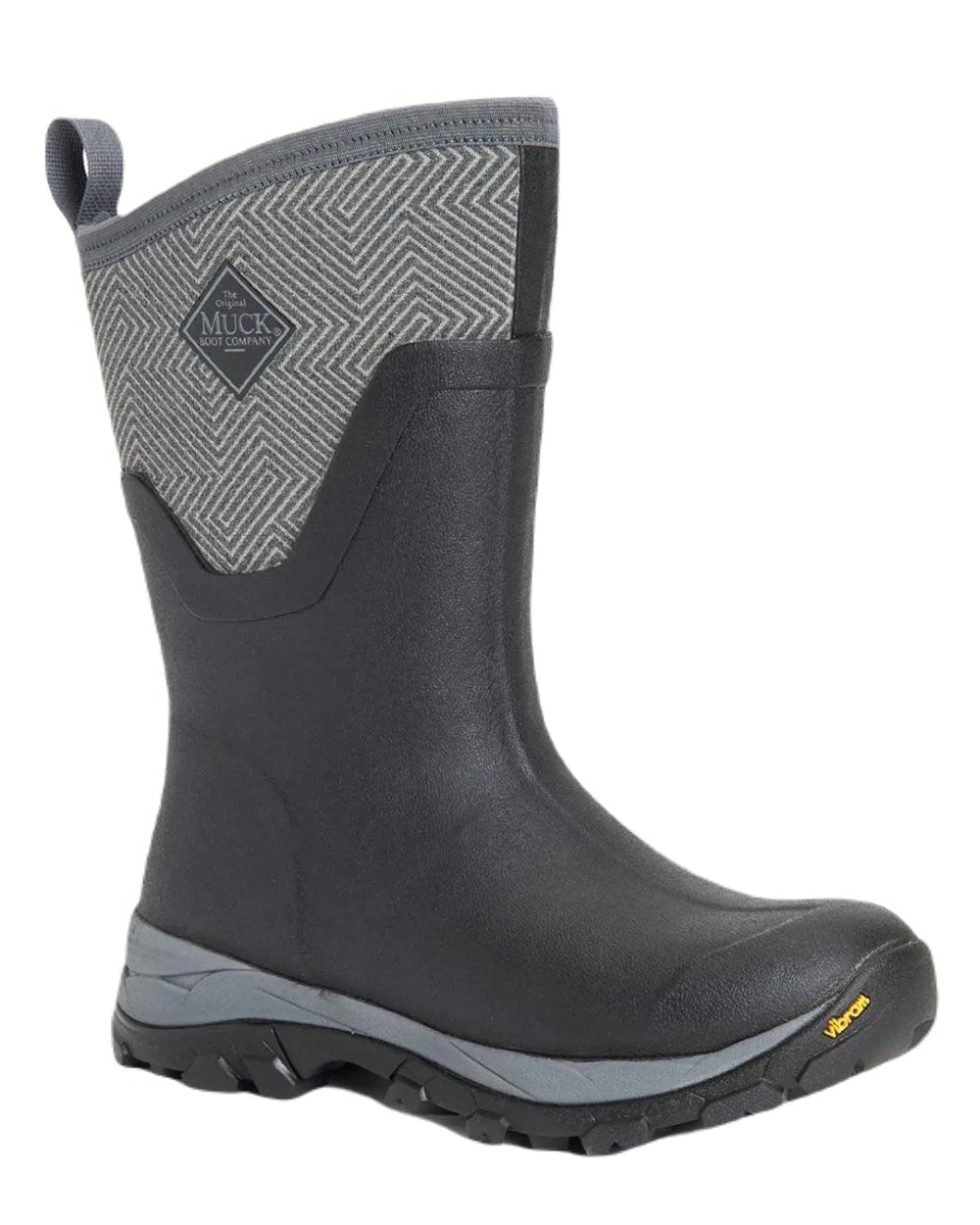 Grey Geometric Print Coloured Muck Boots Arctic Ice Mid Wellingtons On A White Background 