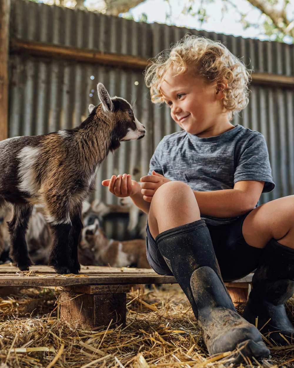 Black Coloured Muck Boots Childrens Rugged II Tall Wellingtons On A Shelter Background