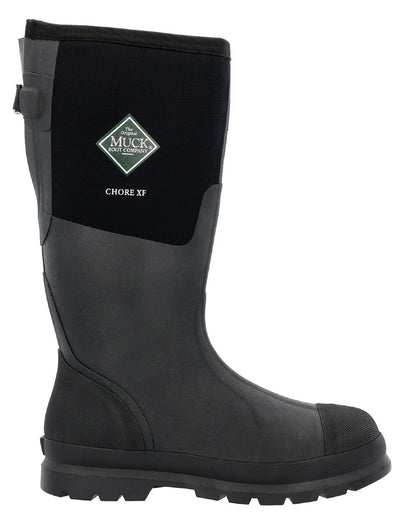 Black Coloured Muck Boots Mens Chore Adjustable Tall Wellingtons On A White Background