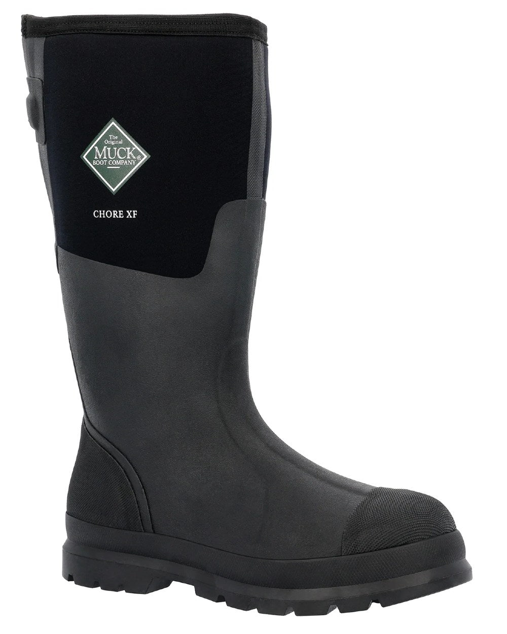 Black Coloured Muck Boots Mens Chore Adjustable Tall Wellingtons On A White Background