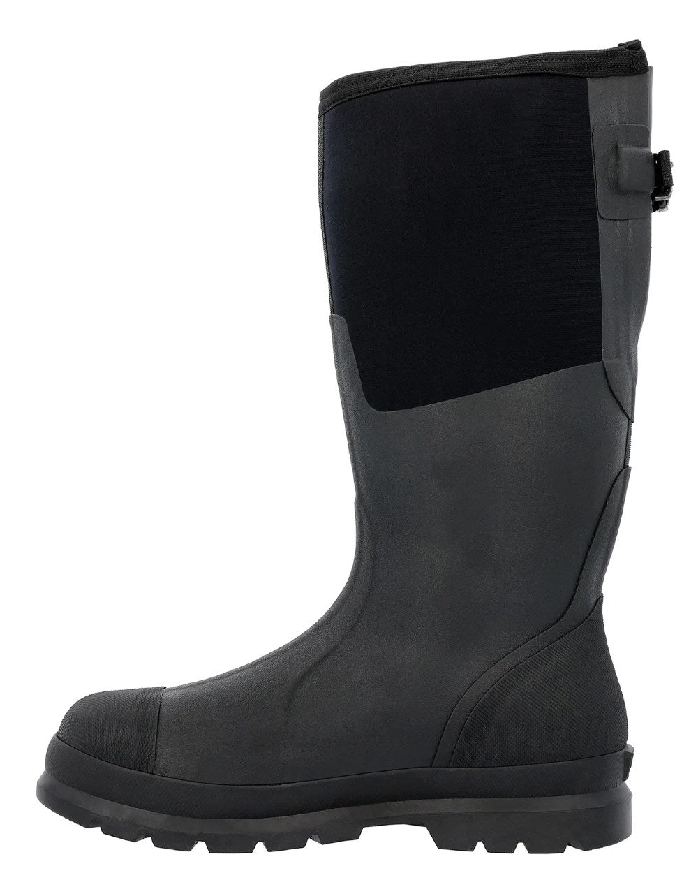 Black Coloured Muck Boots Mens Chore Adjustable Tall Wellingtons On A White Background