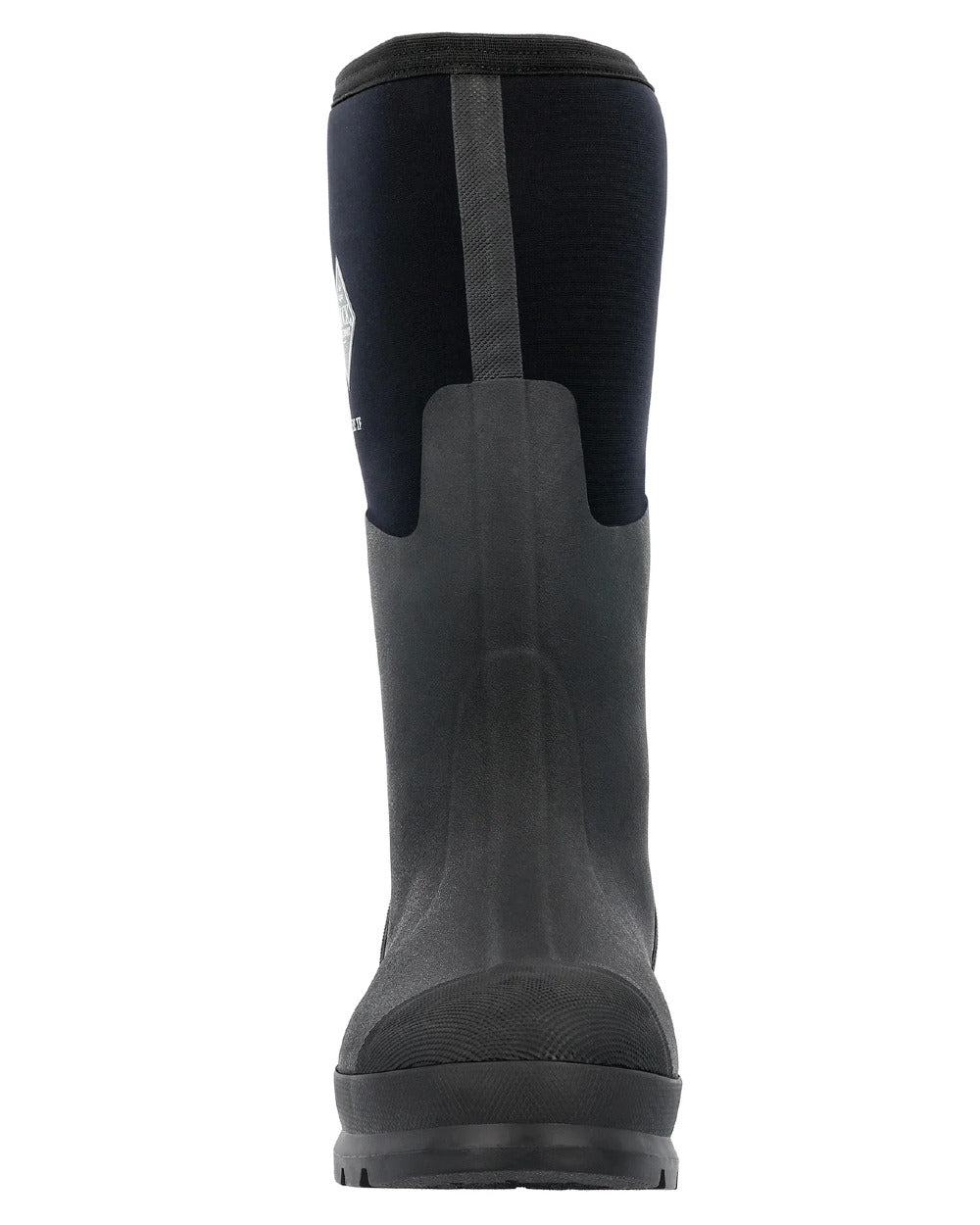 Black Coloured Muck Boots Mens Chore Adjustable Tall Wellingtons On A White Background