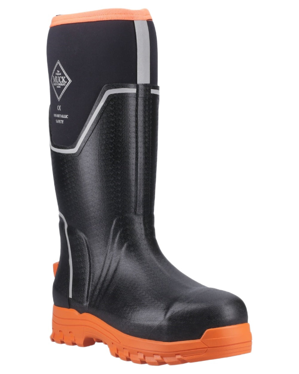 Black Orange Coloured Muck Boots Mens Grit S5 Tall Boots on White Background
