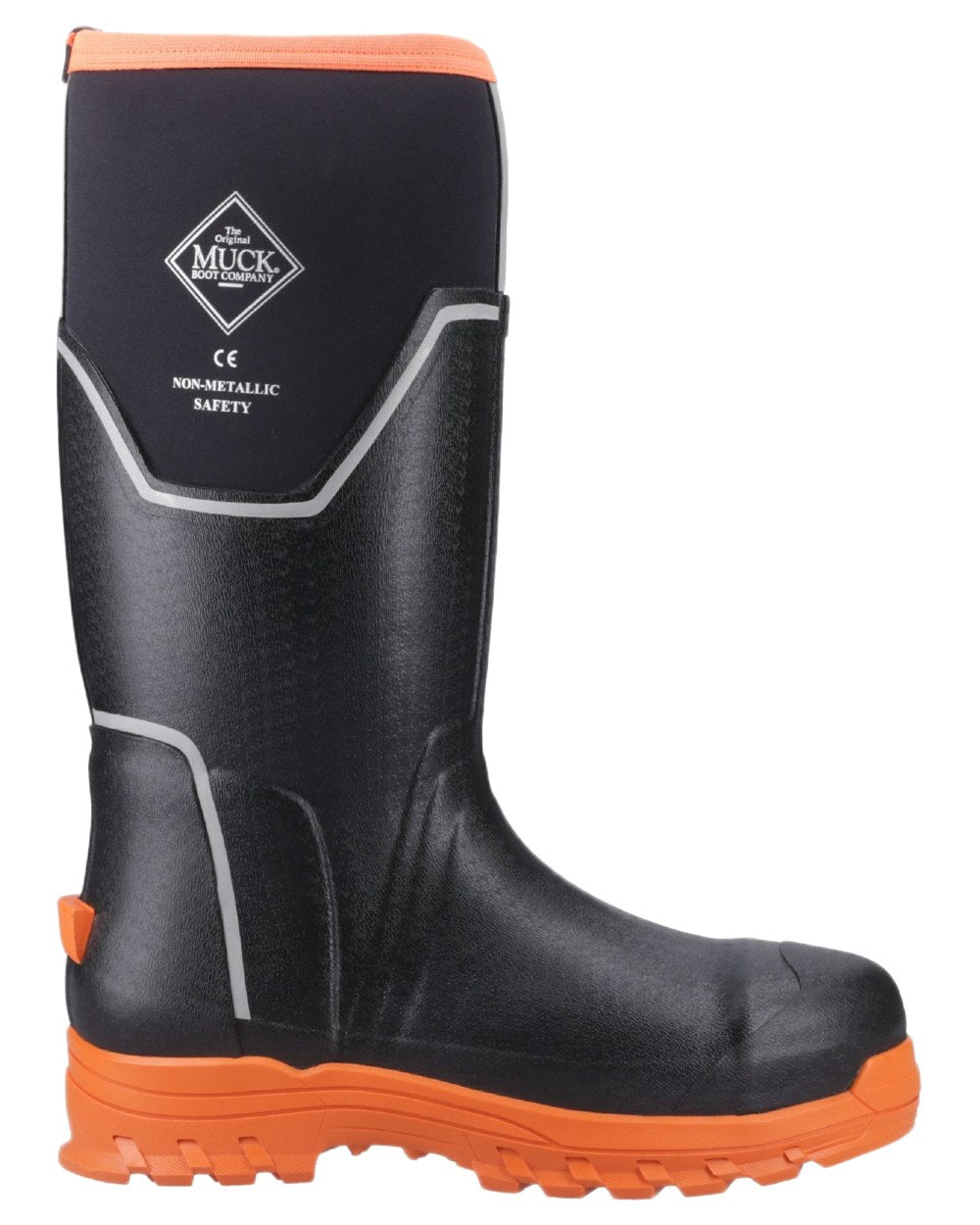 Black Orange Coloured Muck Boots Mens Grit S5 Tall Boots on White Background

