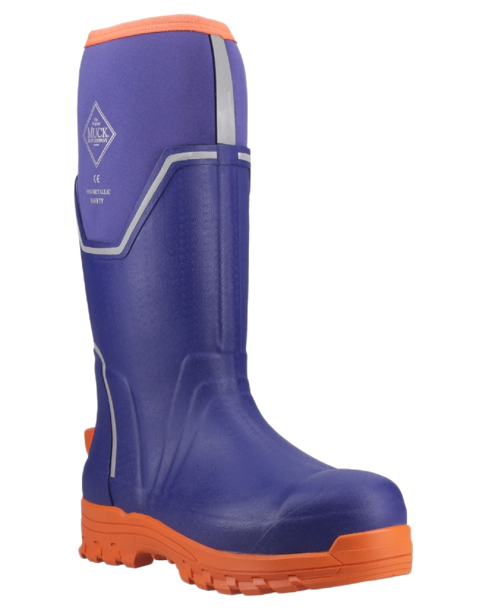 Blue Orange Coloured Muck Boots Mens Grit S5 Tall Boots on White Background
