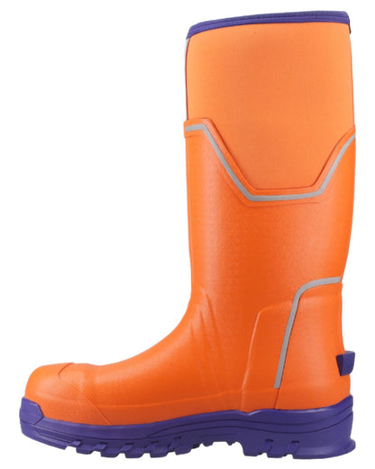 Orange Blue Coloured Muck Boots Mens Grit S5 Tall Boots on White Background
