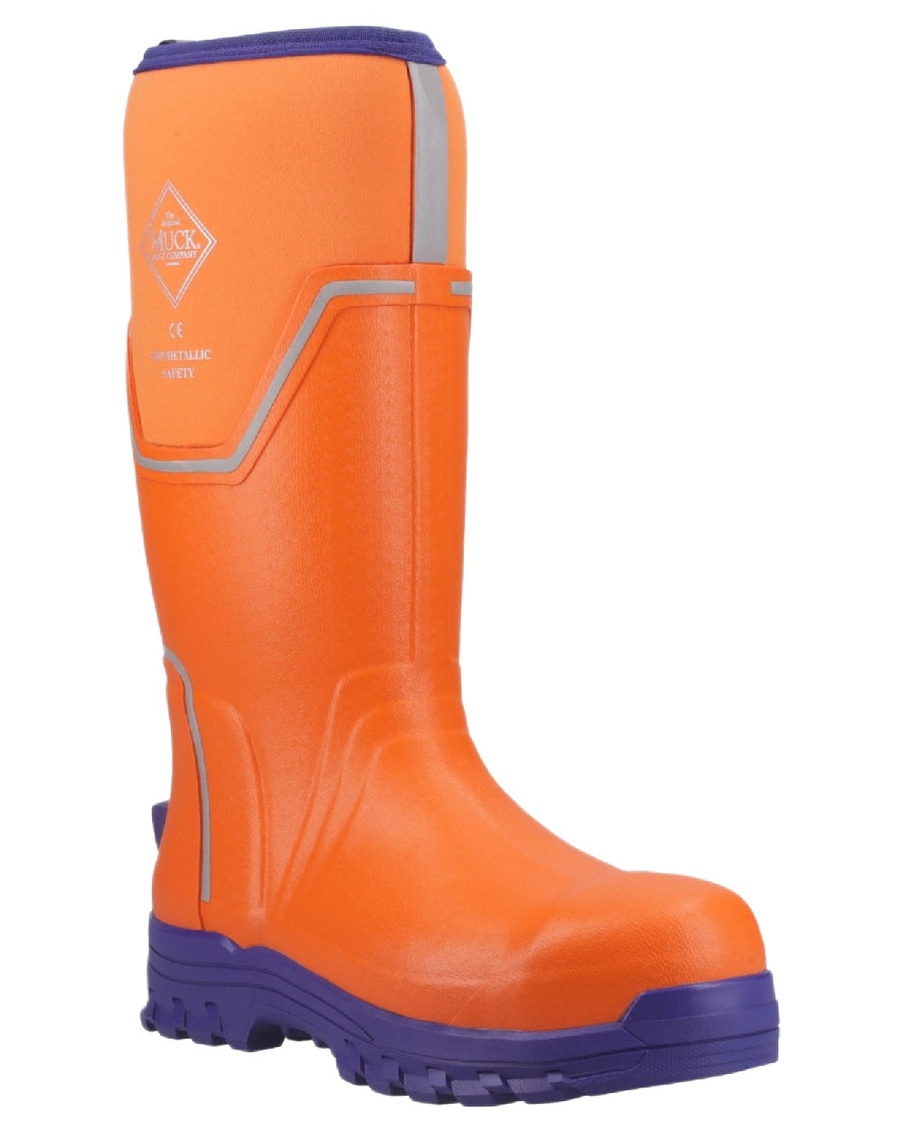 Orange Blue Coloured Muck Boots Mens Grit S5 Tall Boots on White Background
