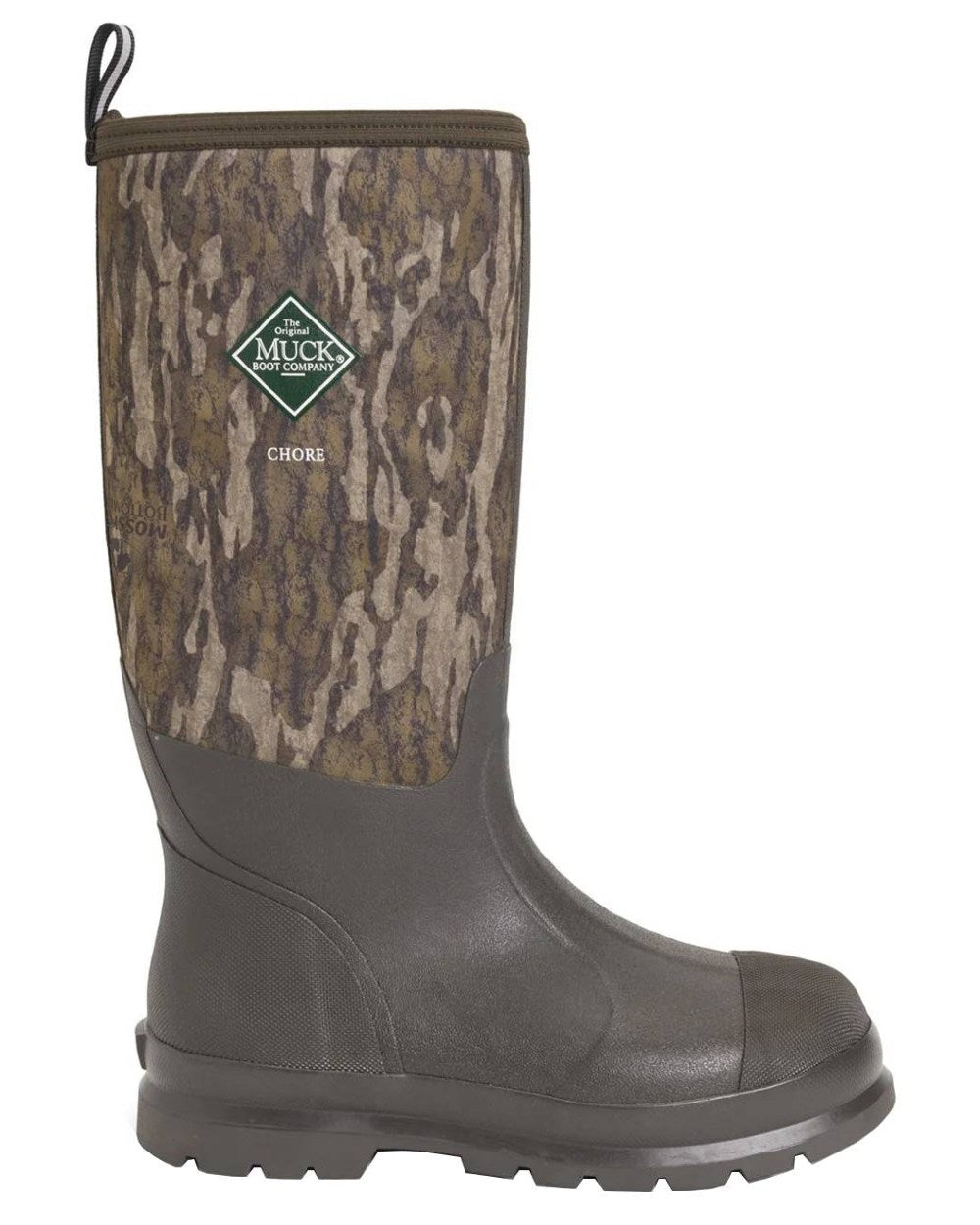 Mossy Oak Bottomlands Print Muck Boots Unisex Chore Gamekeeper Tall Wellingtons On A White Background